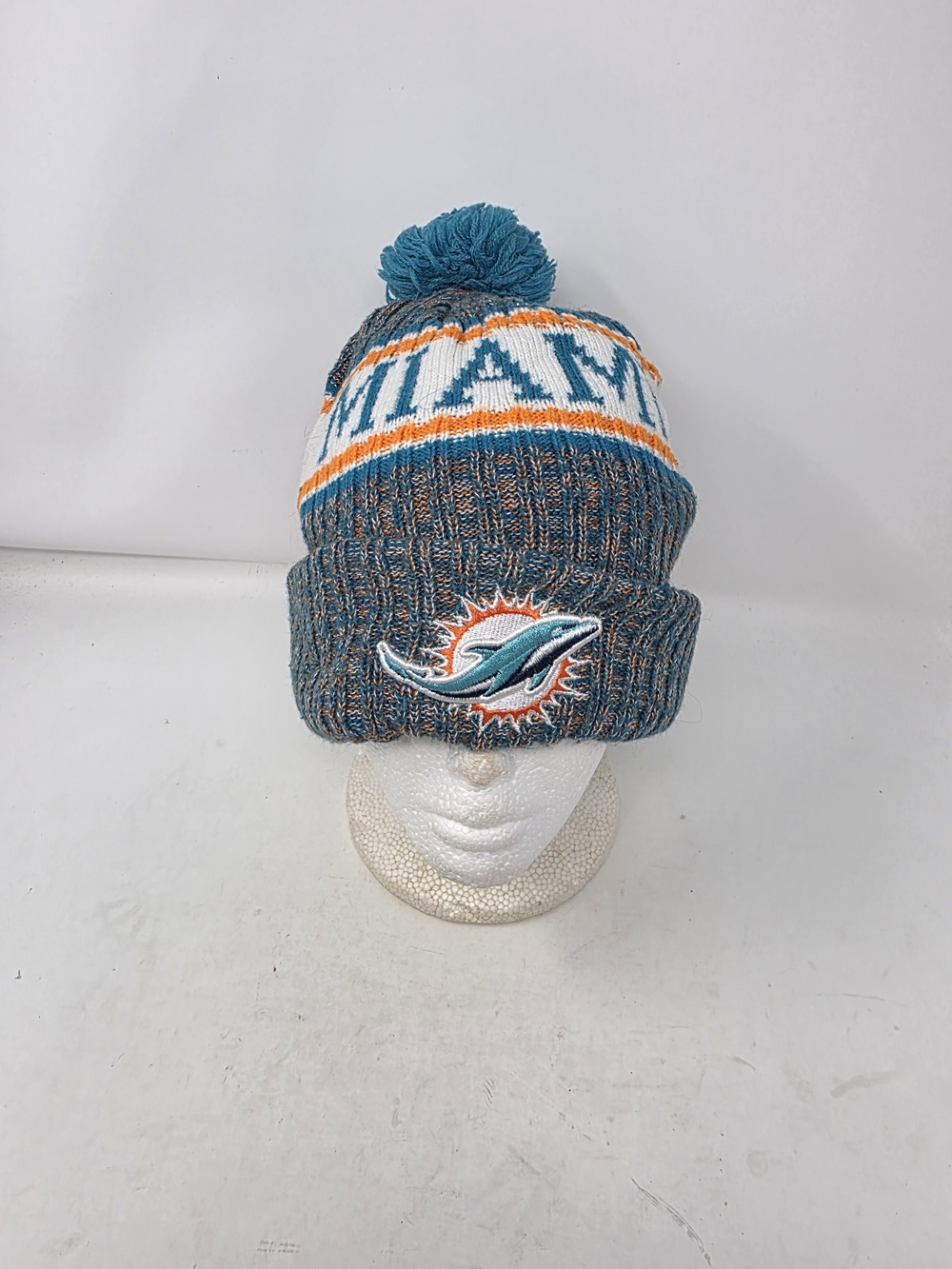 New Era Miami Dolphins Knit Pom Beanie Hat Cuffed Fleece Lined Aqua Orange NFL